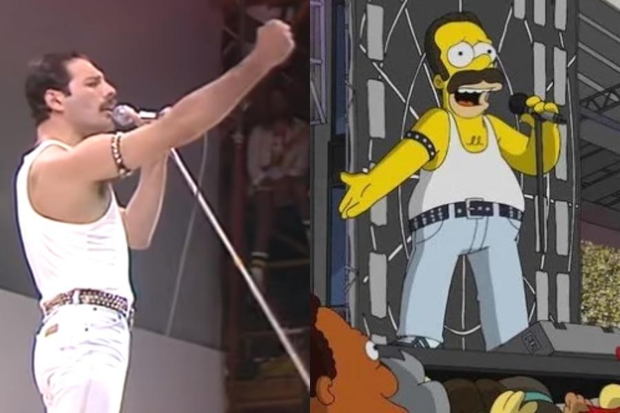 Imagen comparativo, al lado izquierdo sale Freddie Mercury de Queen en el Live Aid y al costado derecho Homero Simpson. 