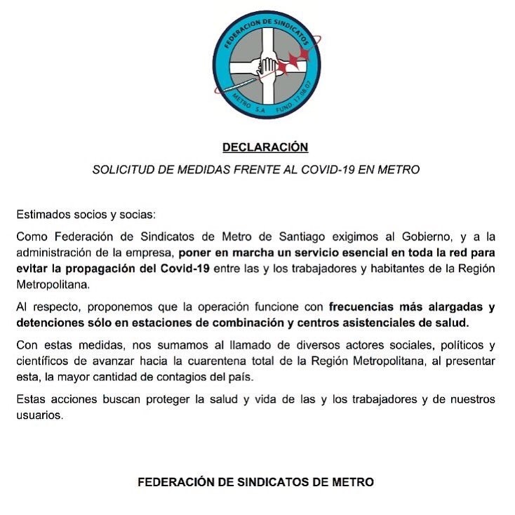 sindicato metro estaciones abiertas solo de salud