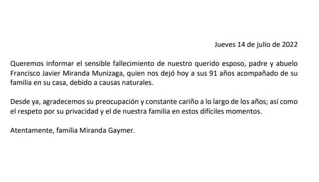 Comunicado de la familia