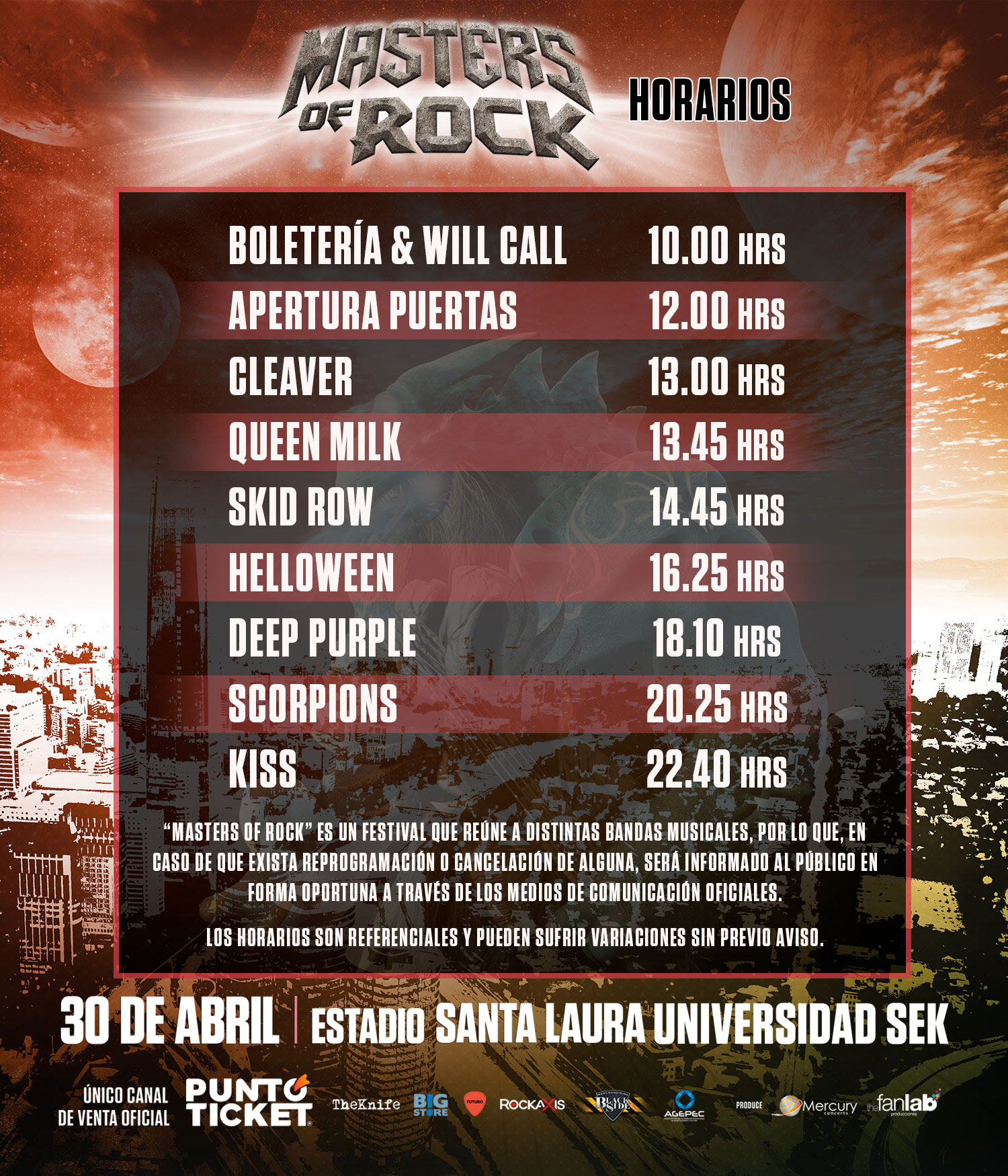 Masters of rock horarios