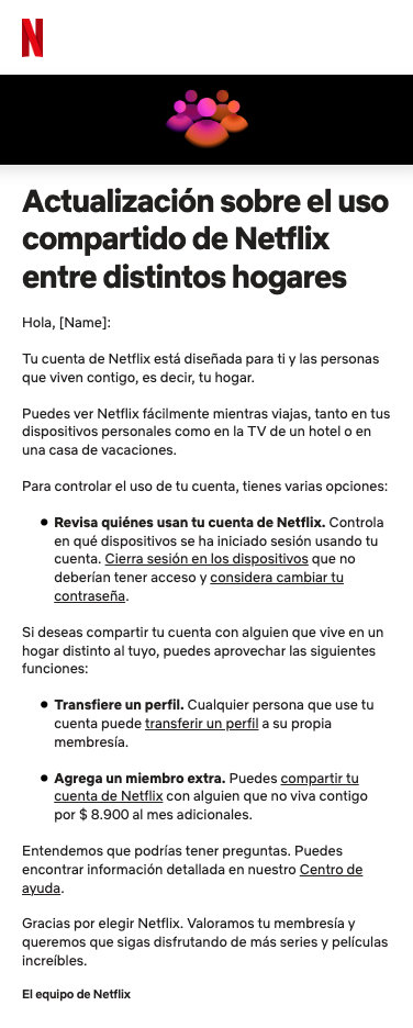 Mail español de Netflix sobre miembros adicionales