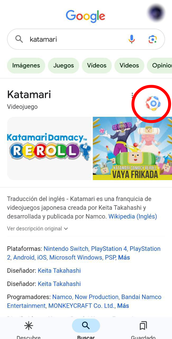 Aquí debes tocar en Google para activar el juego de Katamari