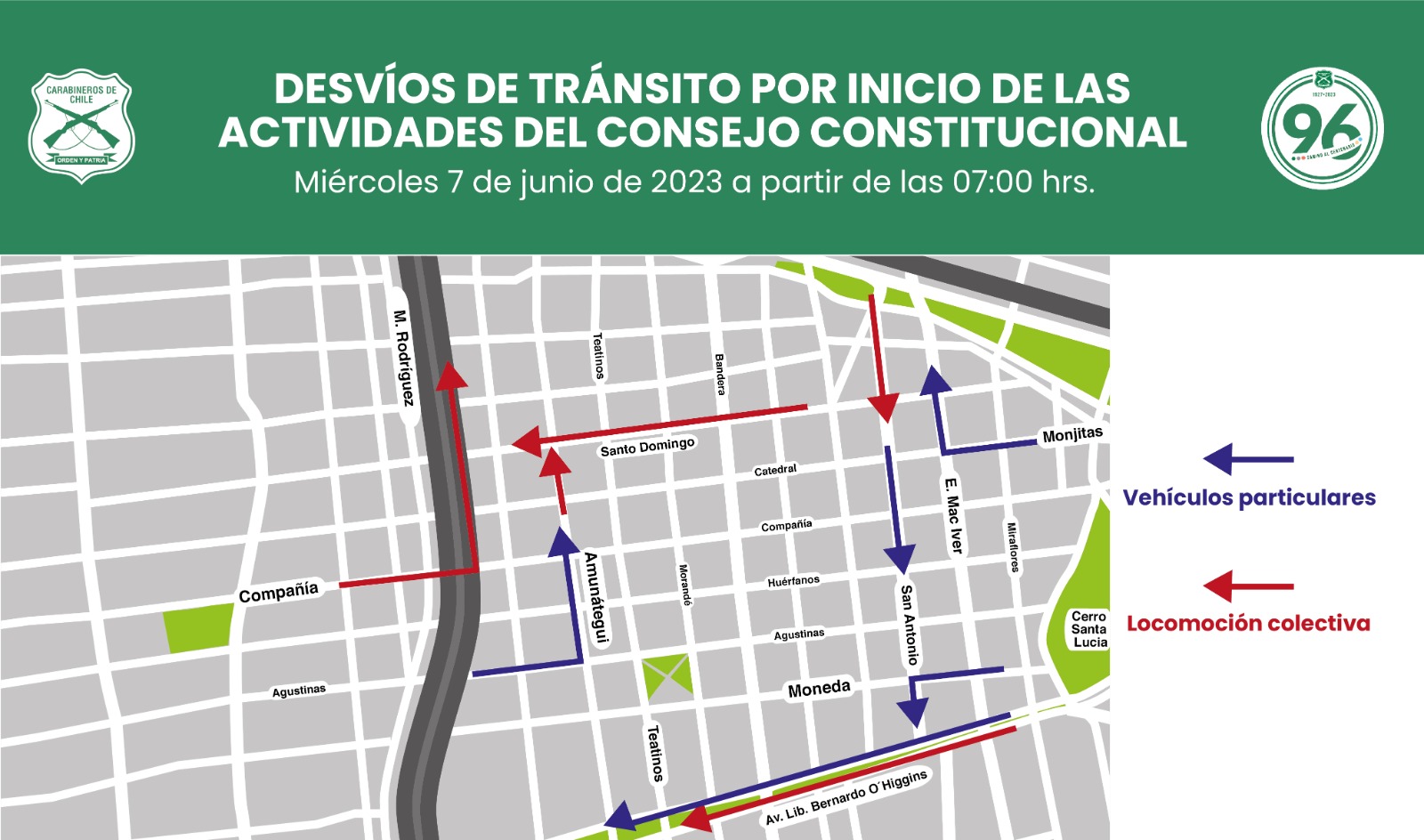 Mapa de desvíos de calles en Santiago por Consejo Constitucional