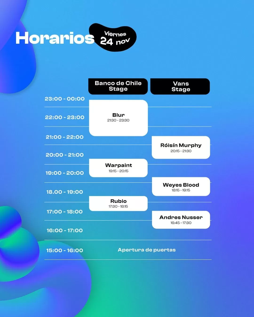 Horarios viernes 24 de noviembre