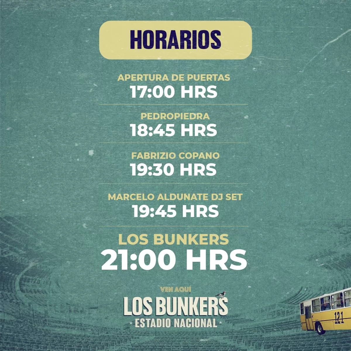 Horarios Los Bunkers Estadio Nacional