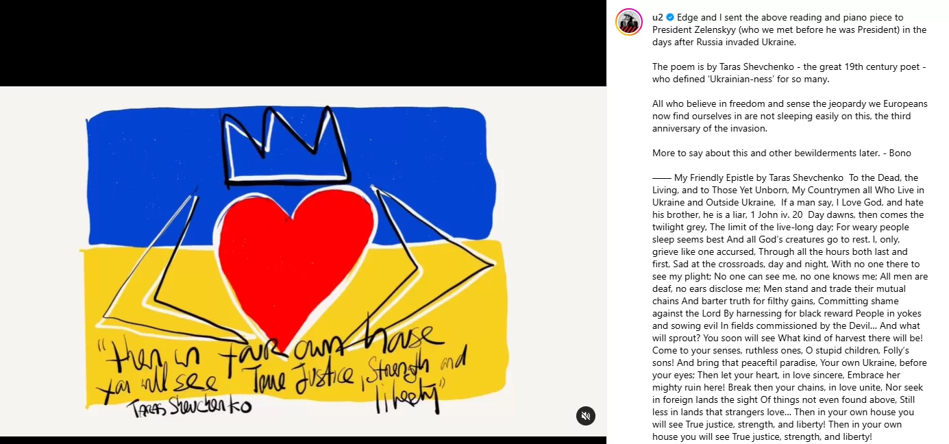 Post de Instagram desde el perfil de banda U2