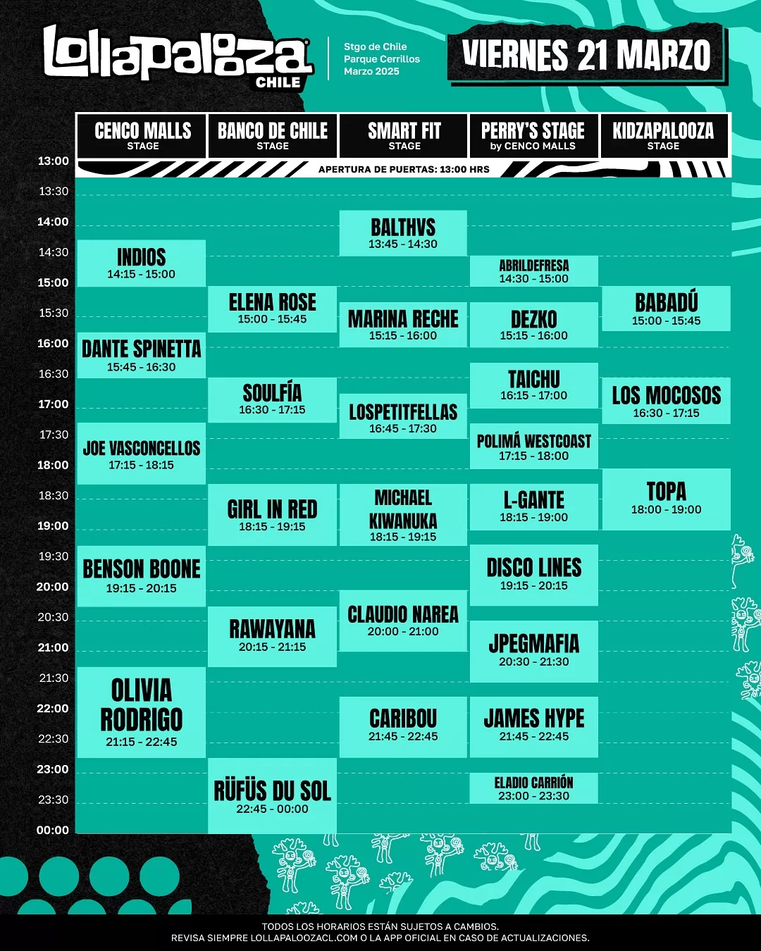 Lollapalooza Chile 2025 horarios viernes 21 de marzo