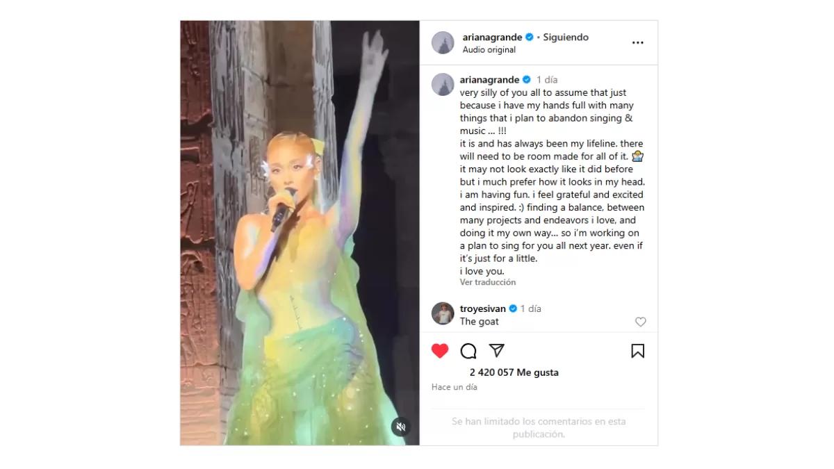 Mensaje de Ariana Grande en Instagram. 