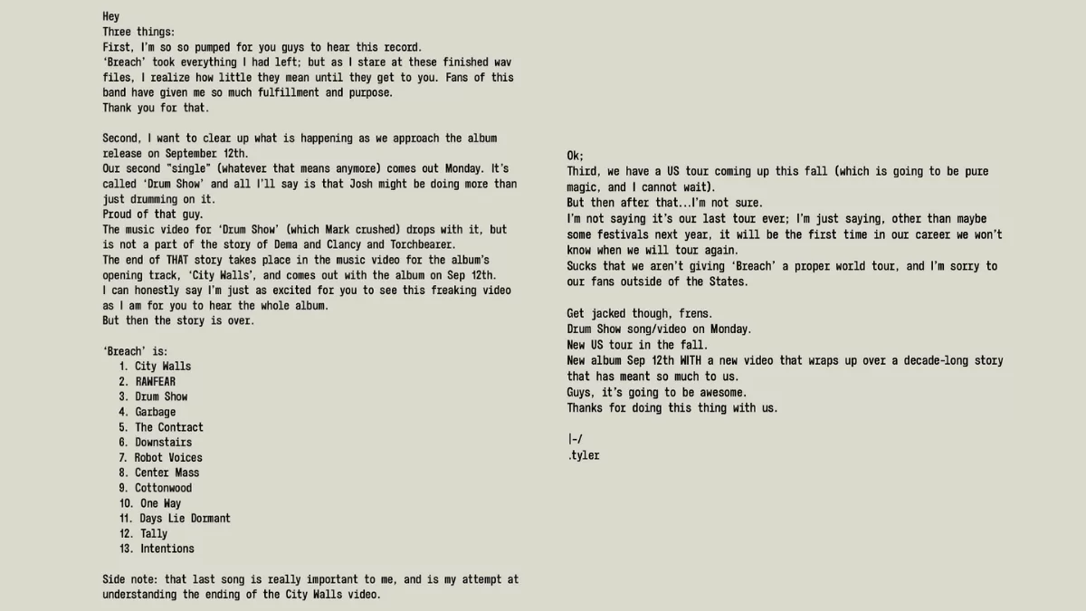 Post de Tyler Joseph de Twenty One Pilots en Instagram. 