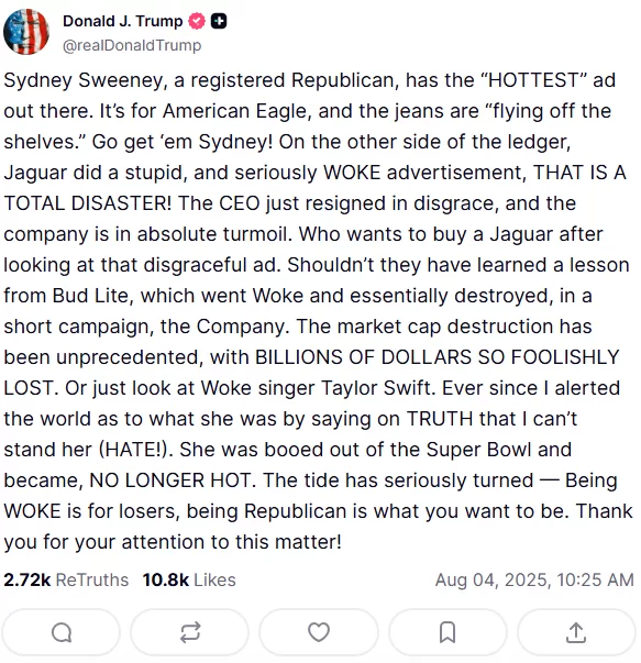 Post de Donald Trump en Truth Social.