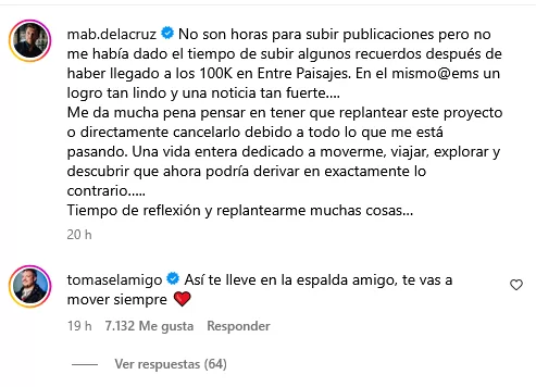 Descripción de post de Instagram de "Buffy" y comentario de Tomás Leiva. 