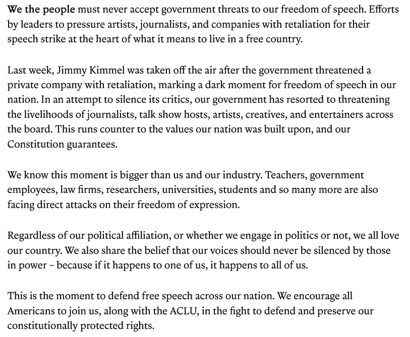 Carta abierta organizada por la Unión Estadounidense de Libertades Civiles