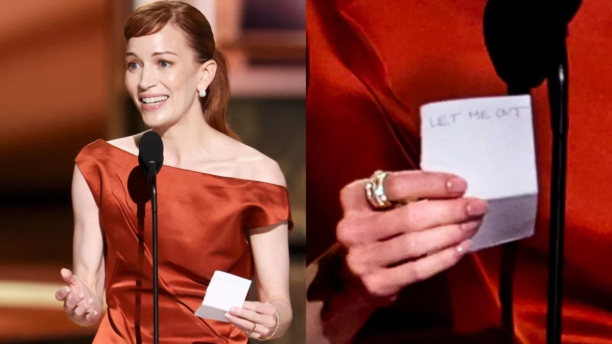 Actriz de "Severance" con papel en la mano que en el reverso dice "DÉJENME SALIR".