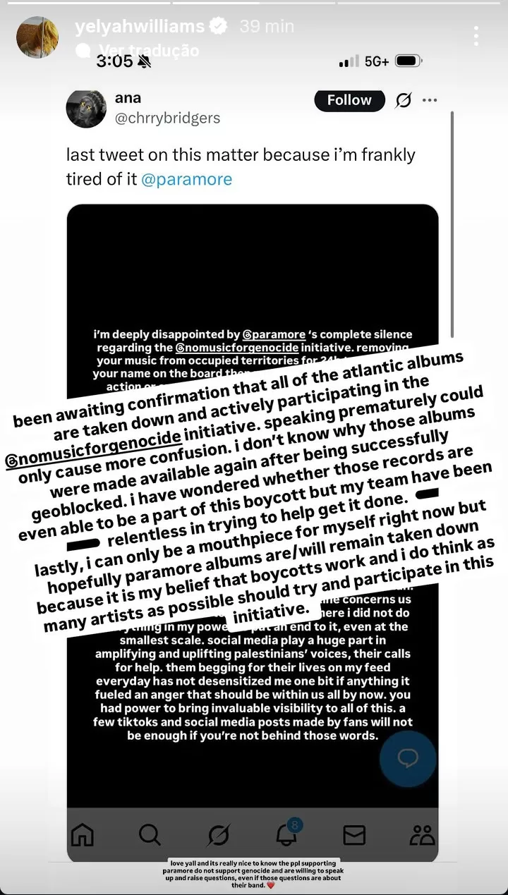 Historia que subió Hayley Williams explicando la situación el 29 de septiembre de 2025. 