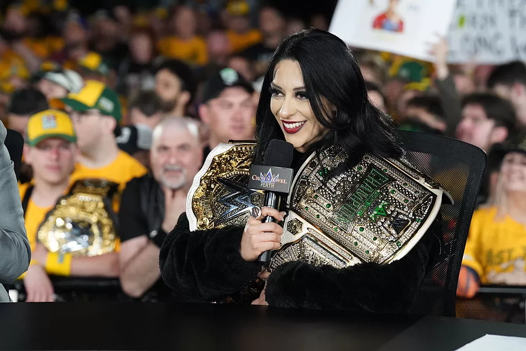 Stephanie Vaquer en conferencia post Crown Jewel. Foto: Getty Images.