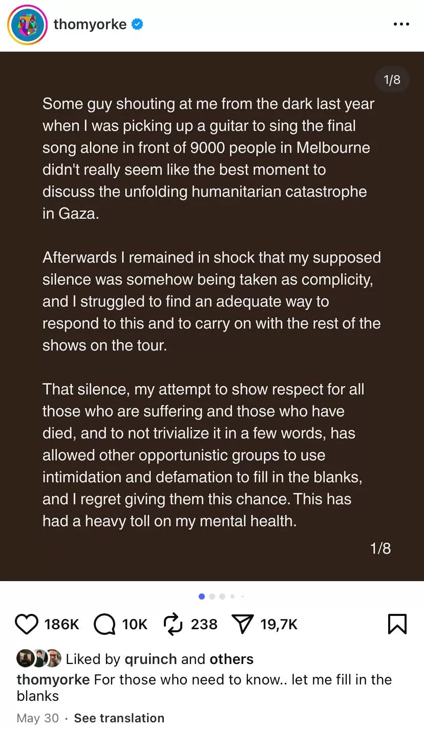 Post en Instagram de Thom Yorke. 
