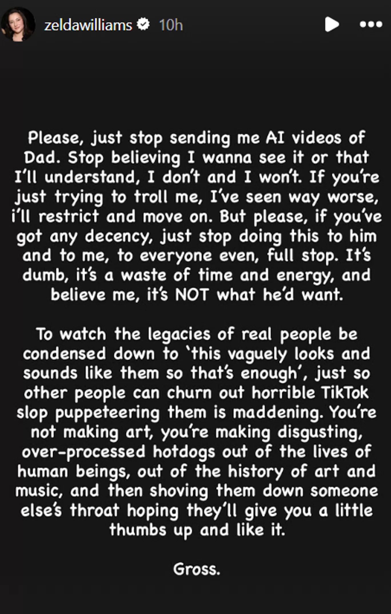 Historia de Instagram de Zelda Williams el 6 de octubre. 