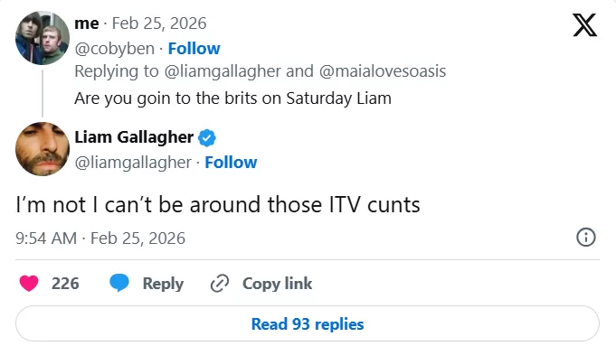 Liam Gallagher insultando a los Brit Awards vía X.