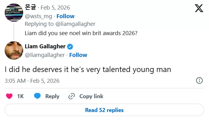 Liam Gallagher elogiando a Noel vía X.
