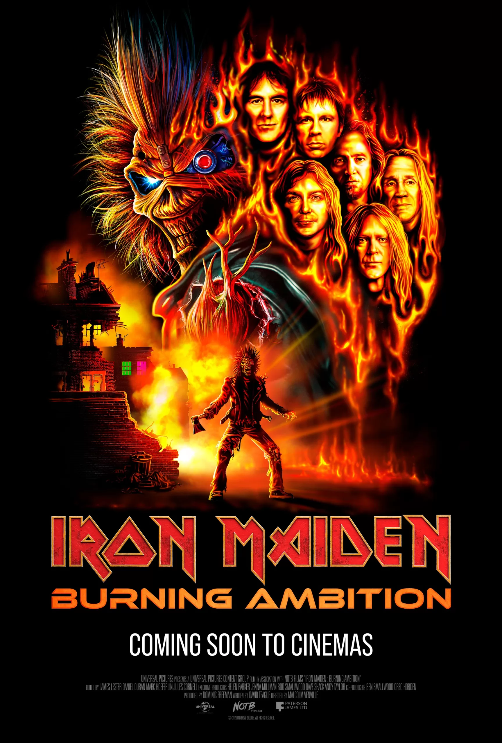 Afiche oficial del estreno de "Iron Maiden: Burning Ambition"