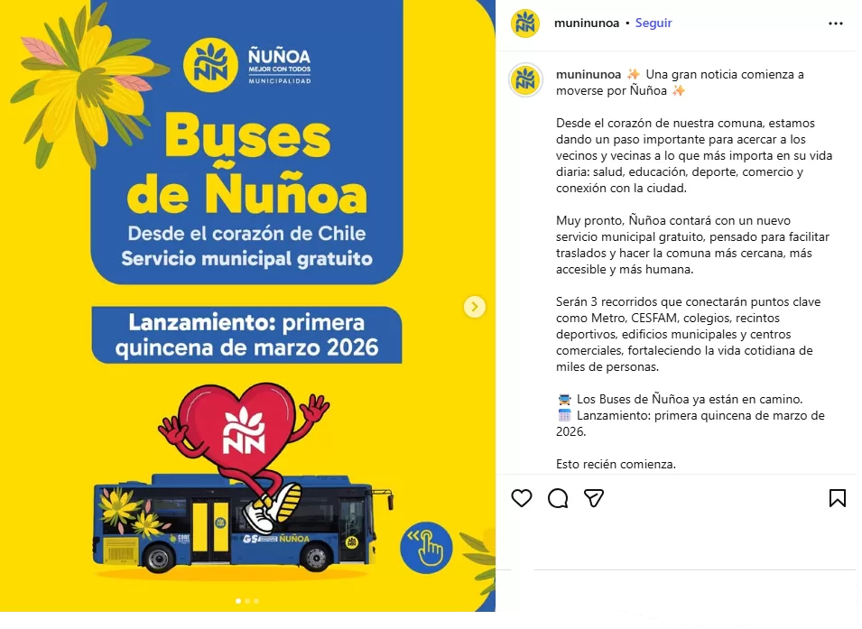 Municipalidad de Ñuñoa Instagram. Transporte gratis.