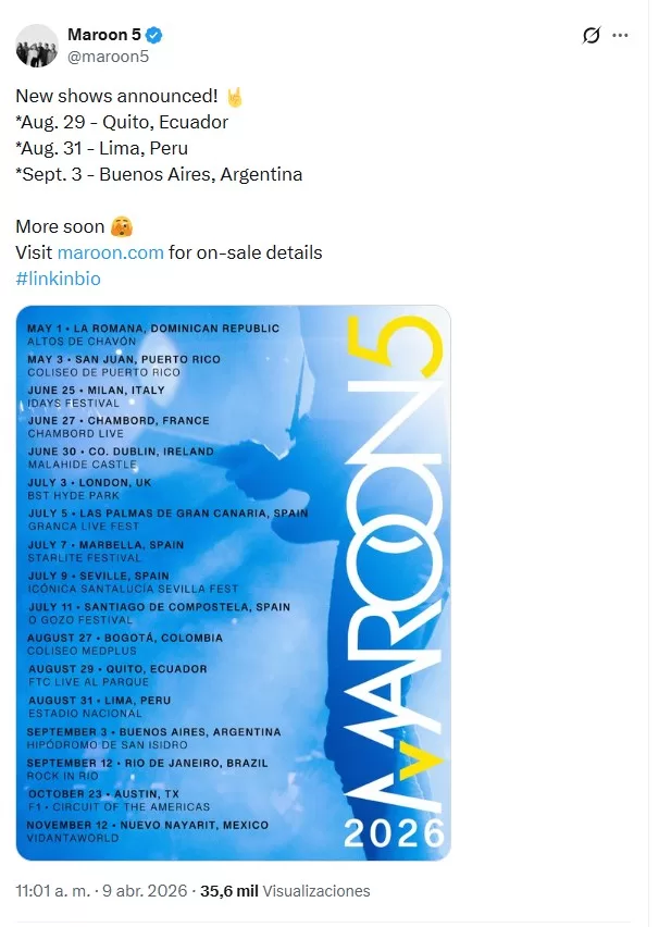 Anuncio Maroon 5 Sudamérica