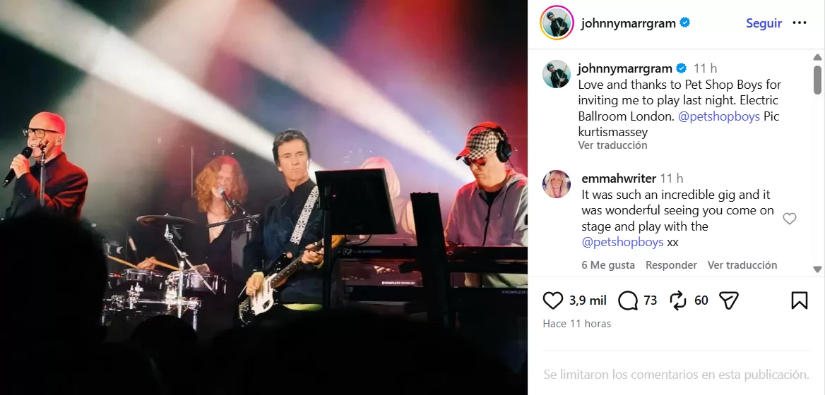 "Gracias a Pet Shop Boys por invitarme a tocar anoche", Johnny Marr vía Instagram