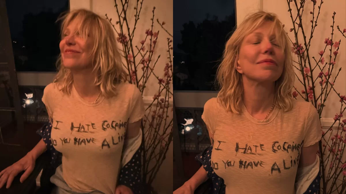 Courtney Love con una polera aludiendo a Geese, Getty